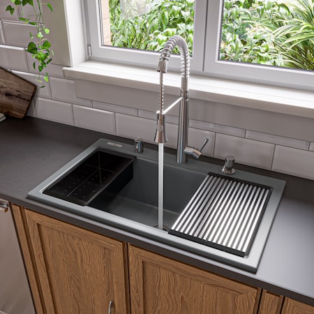 Alfi Brand 33 inch Granite Composite Workstation Single Bowl Drop In Sink w Accessories AB3418SBDI-T